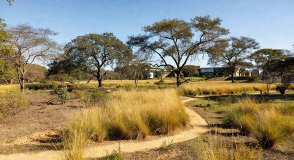 Vista do Jardim Botânico de Brasília, no DF, com vegetação do Cerrado e estruturas administrativas, representando nomeação de novo administrador.
