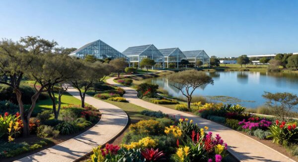 Jardins botânicos revitalizados em Brasília após obras de R$ 45 milhões pelo GDF, com caminhos e estufas modernas.