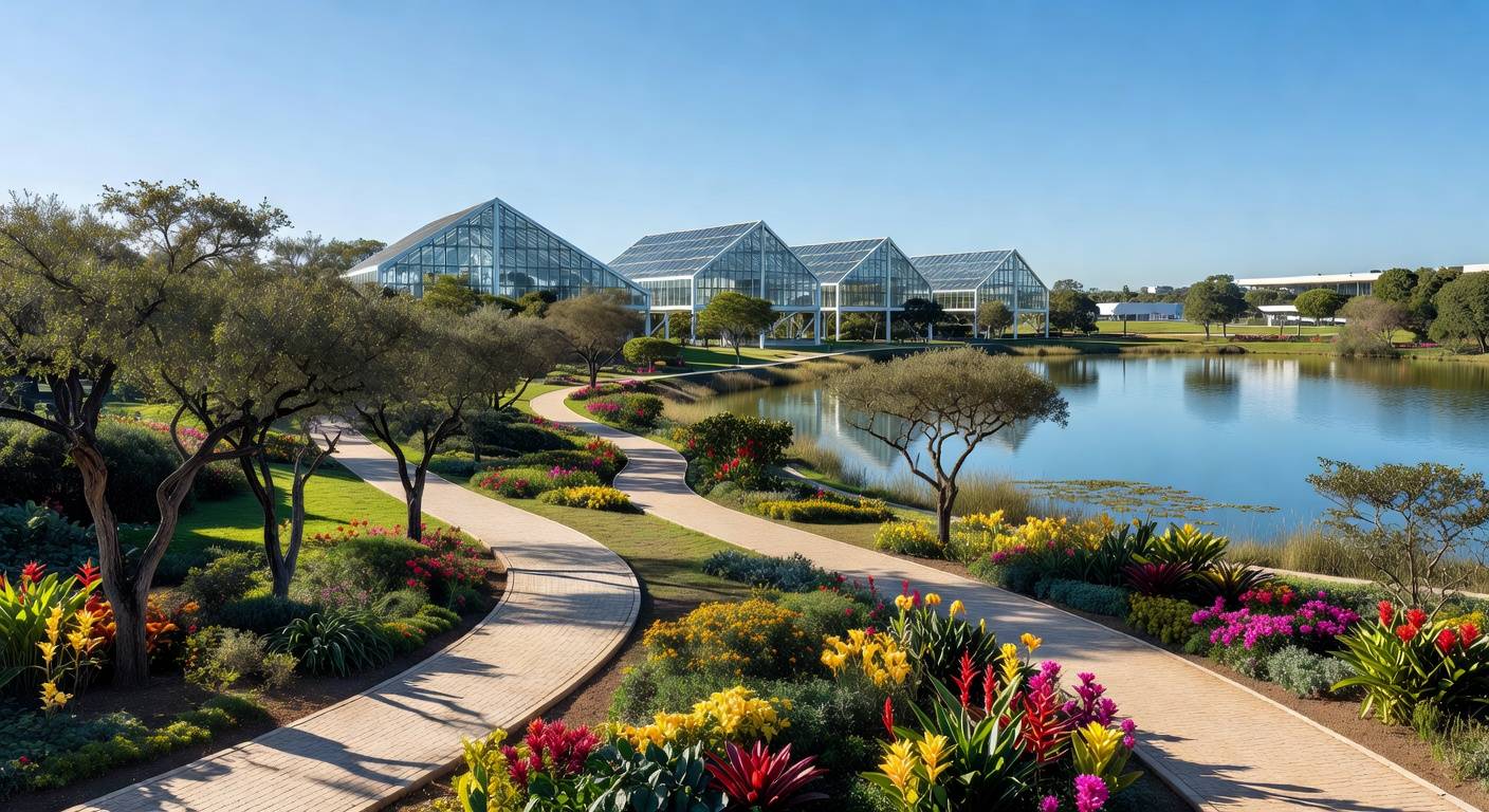 Jardins botânicos revitalizados em Brasília após obras de R$ 45 milhões pelo GDF, com caminhos e estufas modernas.