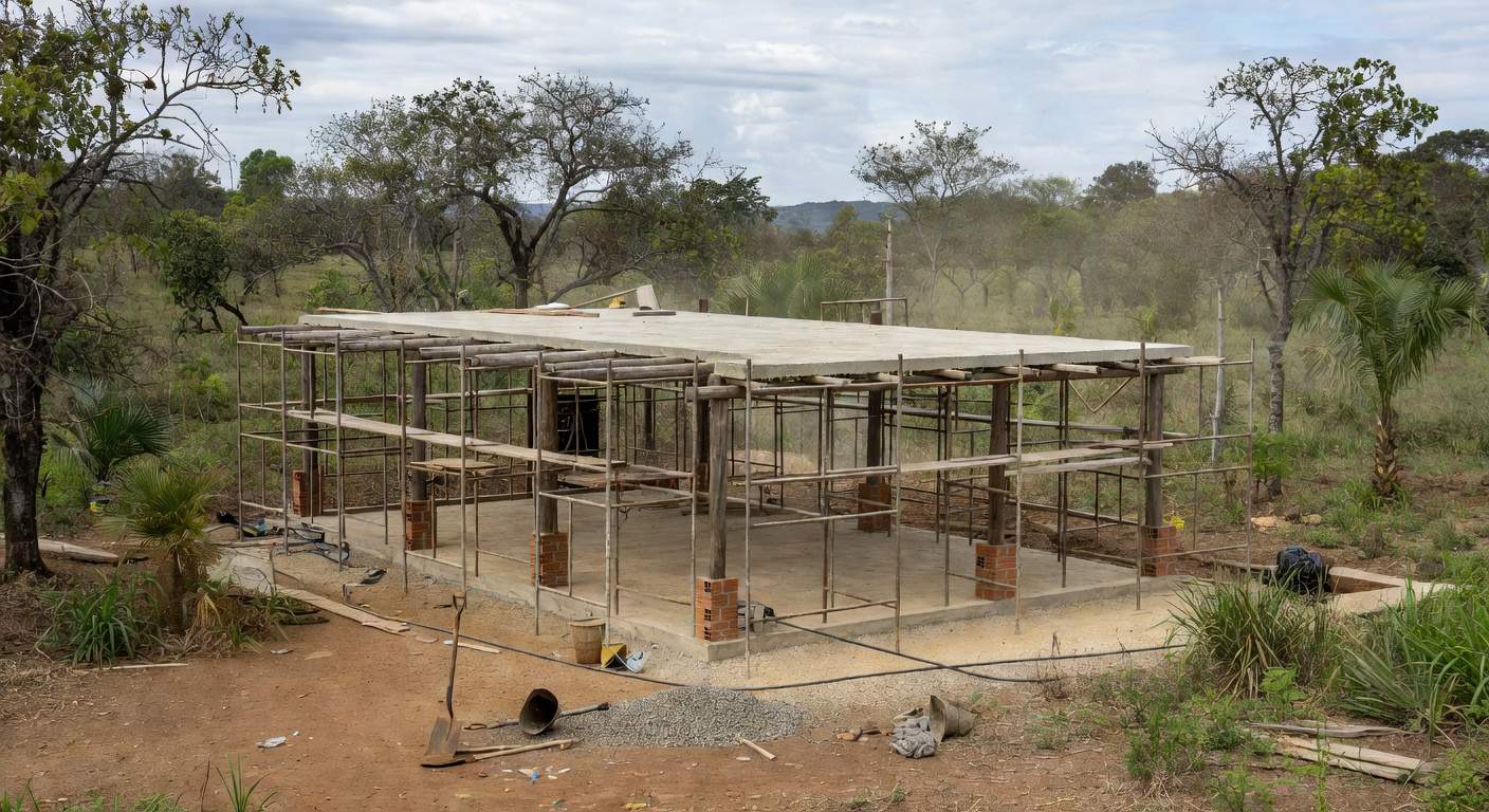 Canteiro de obras com laje caída após acidente no Gama, DF, em estilo fotojornalístico realista.