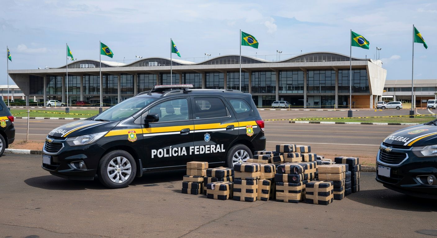 Viatura da Polícia Federal no Aeroporto de Brasília com pacotes de metanfetamina apreendidos.