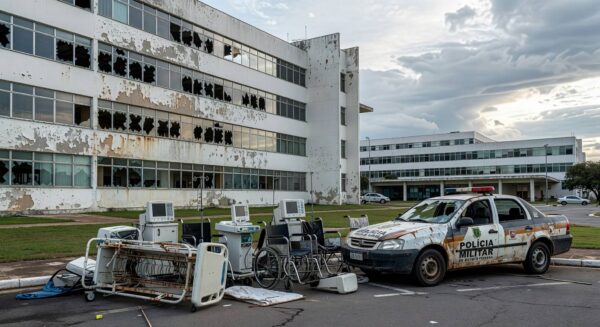 Hospital em Brasília com ambulâncias e viaturas policiais, representando colapso na saúde e insegurança no Distrito Federal.
