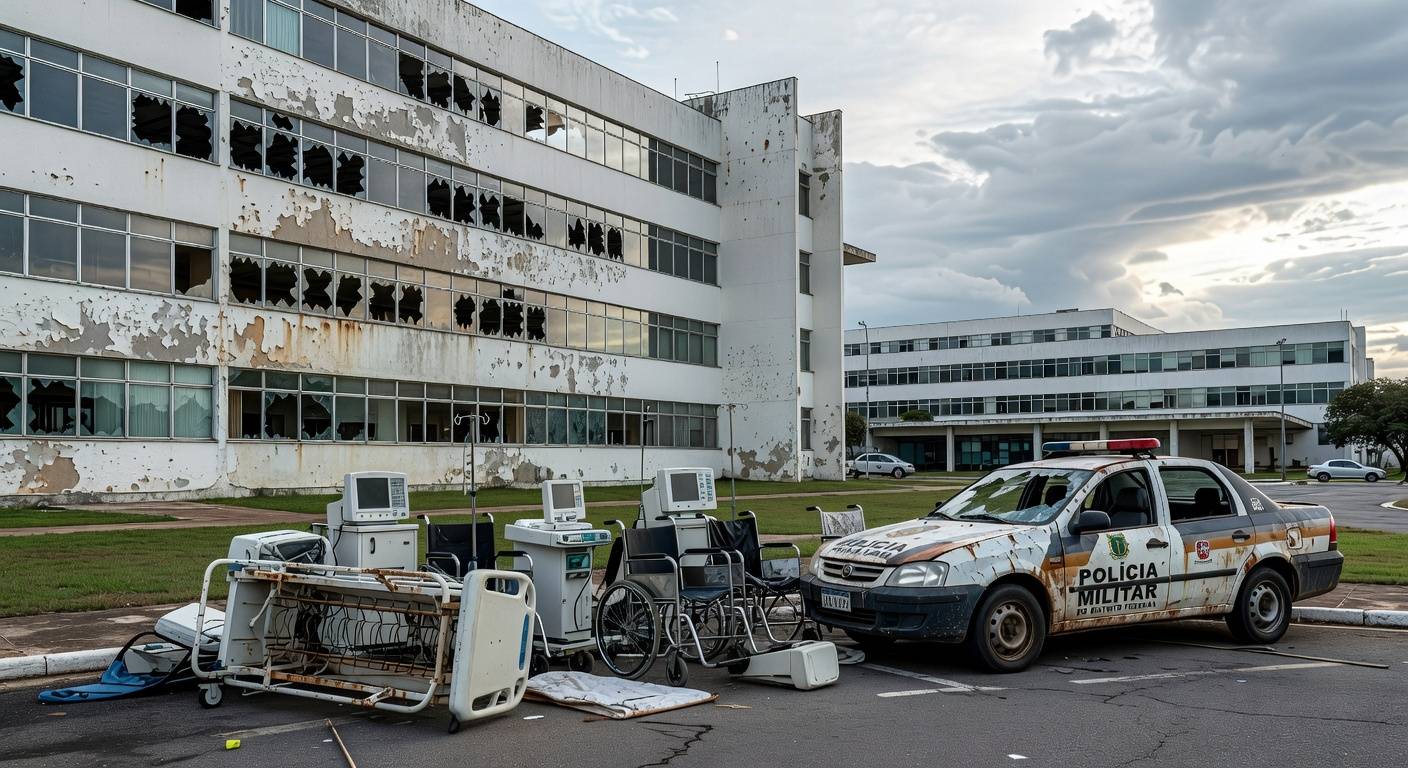 Hospital em Brasília com ambulâncias e viaturas policiais, representando colapso na saúde e insegurança no Distrito Federal.