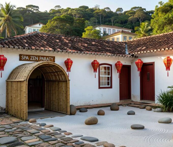 Fachada de day spa asiático em Paraty, com elementos zen e arquitetura colonial brasileira.