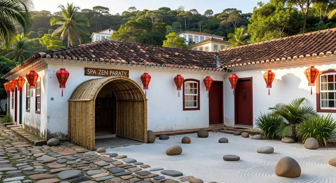 Fachada de day spa asiático em Paraty, com elementos zen e arquitetura colonial brasileira.
