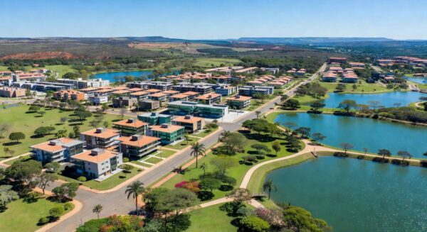 Vista aérea de projeto urbanístico no Jardim Botânico, Brasília, com prédios e áreas verdes para 92 mil moradores.