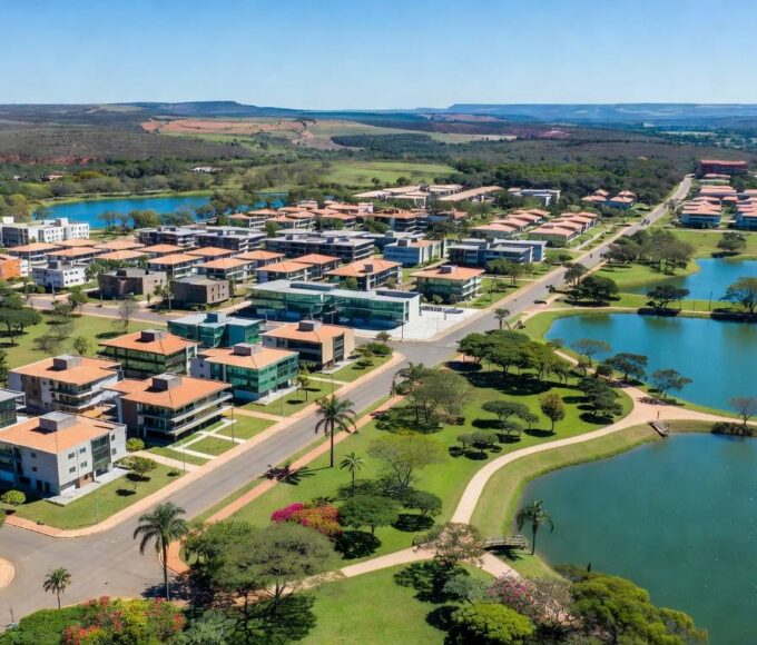 Vista aérea de projeto urbanístico no Jardim Botânico, Brasília, com prédios e áreas verdes para 92 mil moradores.