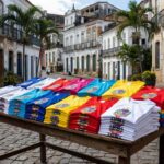 Barraca de rua em Olinda vendendo camisas do bloco Pitombeira dos Quatro Cantos, sucesso nacional após filme.
