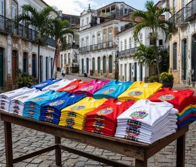 Barraca de rua em Olinda vendendo camisas do bloco Pitombeira dos Quatro Cantos, sucesso nacional após filme.