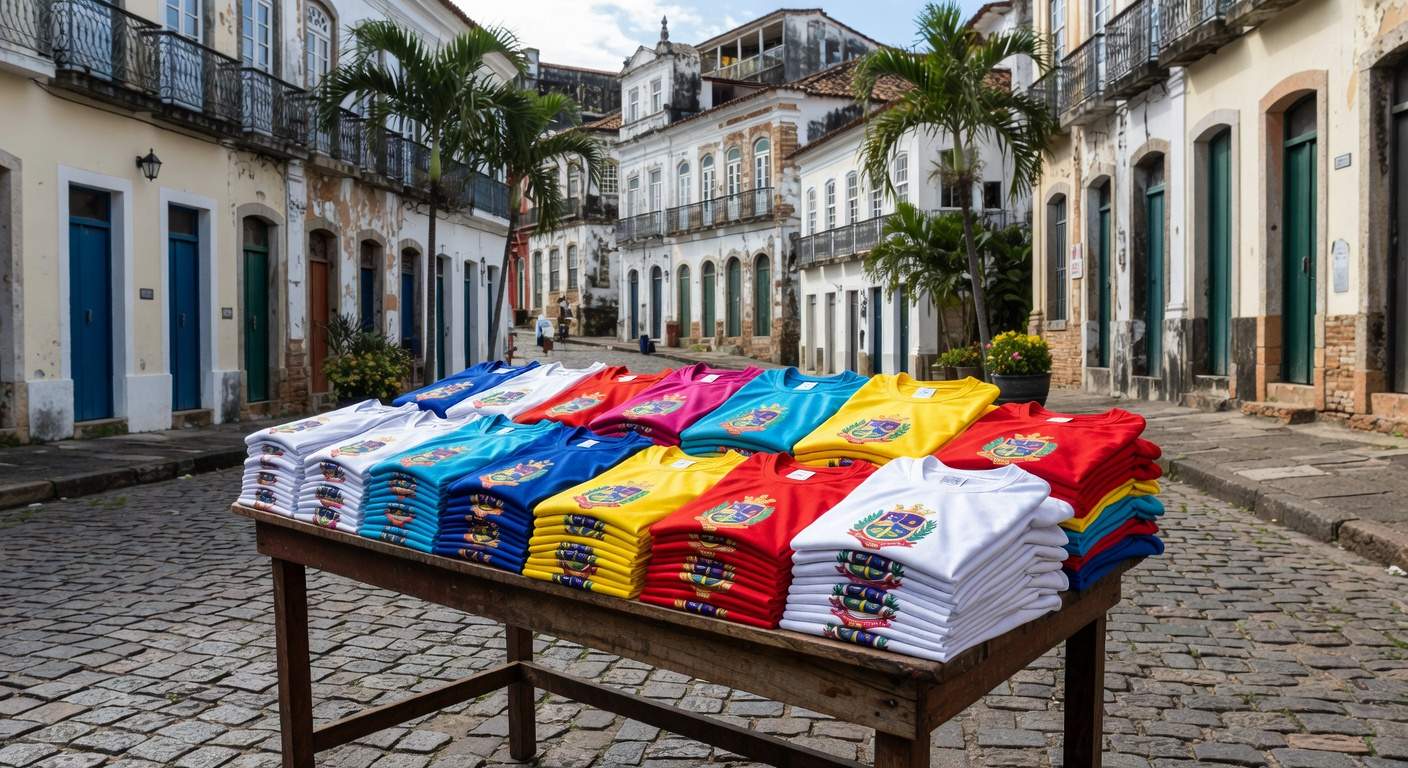 Barraca de rua em Olinda vendendo camisas do bloco Pitombeira dos Quatro Cantos, sucesso nacional após filme.
