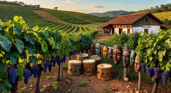 Parreiras de uva em vinícola gaúcha com elementos de samba, resgatando memória negra e elevando faturamento.