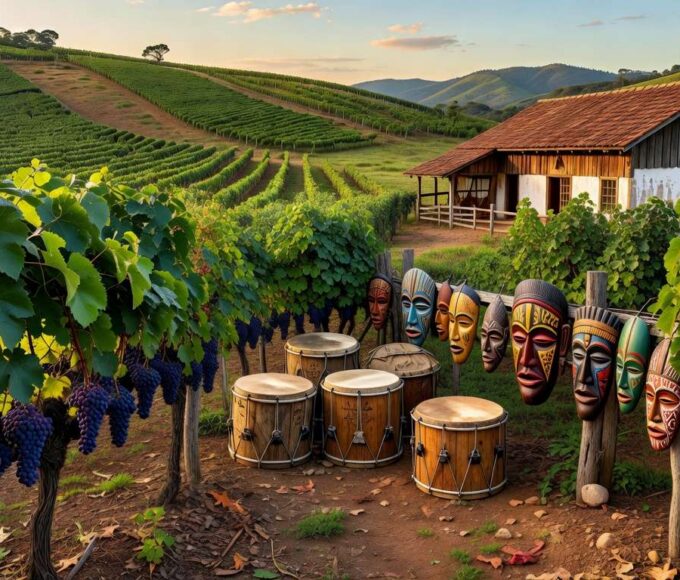 Parreiras de uva em vinícola gaúcha com elementos de samba, resgatando memória negra e elevando faturamento.