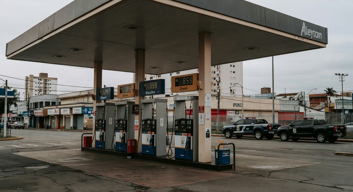 Viaturas da Polícia Federal em posto de gasolina no Brasil, investigando aumentos abusivos nos preços dos combustíveis.