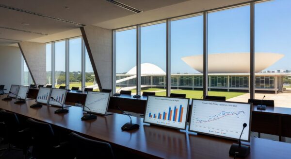 Sala de conferências em Brasília com elementos digitais representando seminário sobre desafios do ECA Digital.