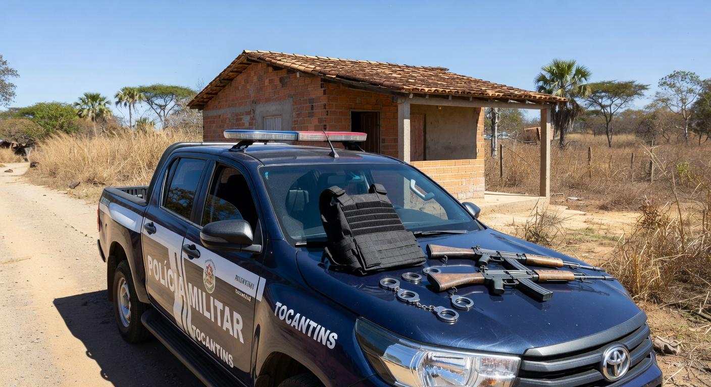 Viatura da PMDF em frente a casa em Brasília, cena de prisão por violência doméstica e posse de armas.