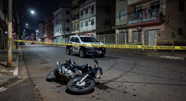 Cena de crime em rua de Taguatinga com moto caída e fita de isolamento policial.
