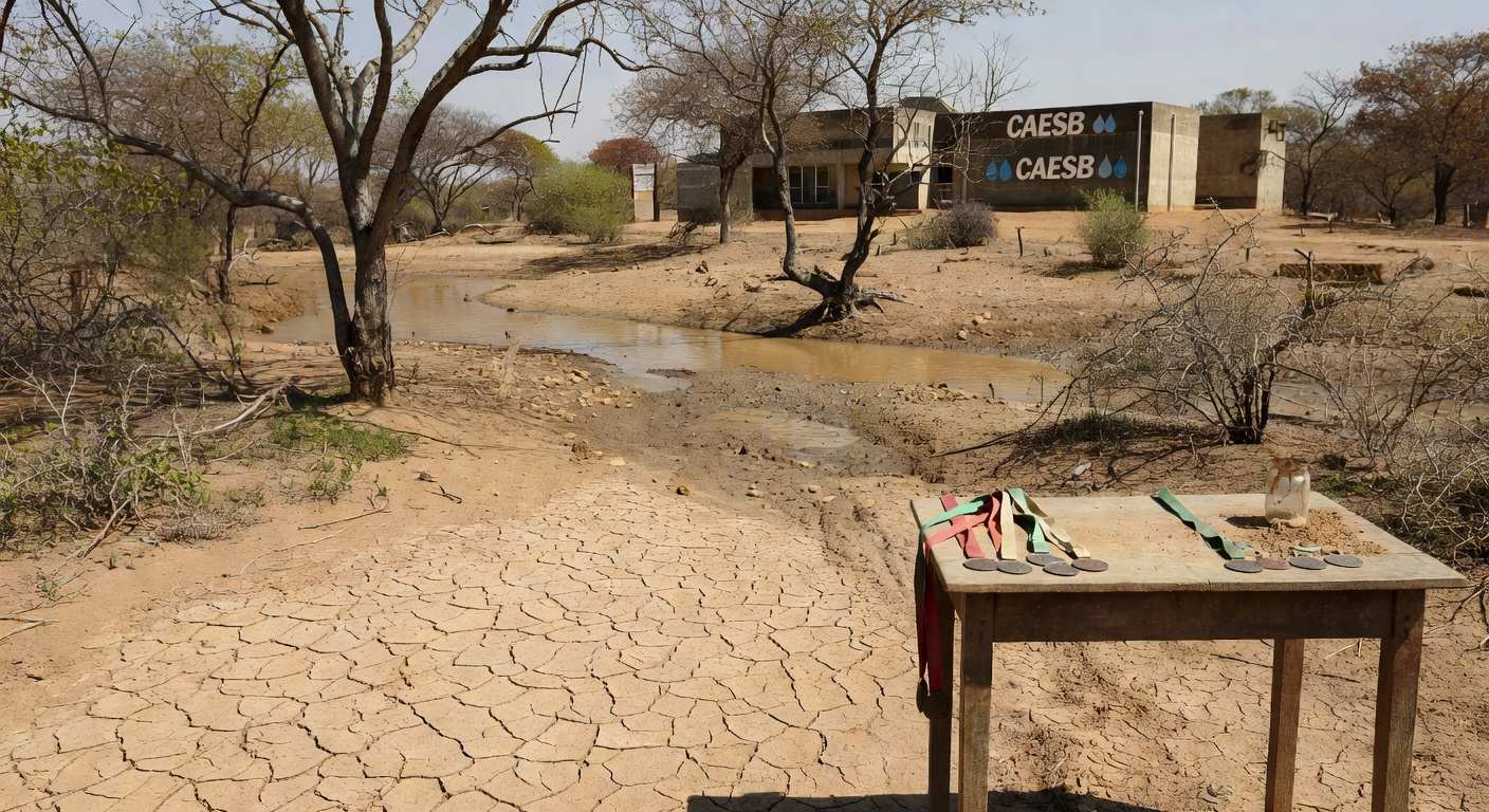 Reservatório seco em Brasília durante crise hídrica no DF, ofuscando entrega de medalhas pela Caesb no Dia Mundial da Água.