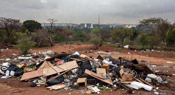 Pilha de resíduos descartados irregularmente em terreno no Distrito Federal, Brasil.