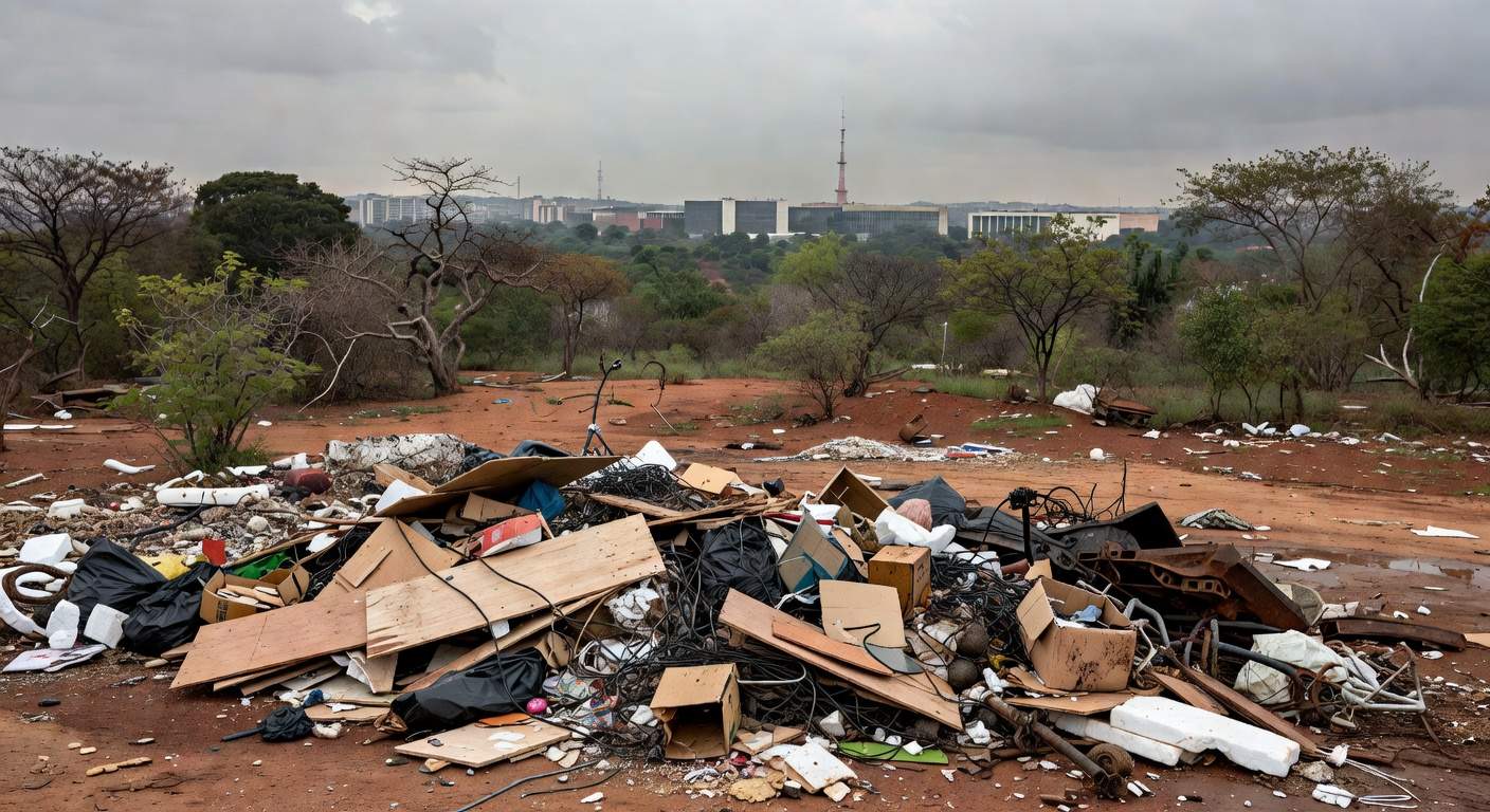 Pilha de resíduos descartados irregularmente em terreno no Distrito Federal, Brasil.