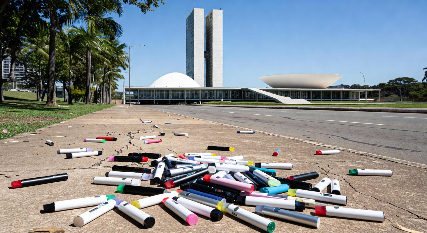 Cigarro eletrônico descartado em calçada de Brasília, simbolizando uso por 43,7% dos adolescentes no DF segundo IBGE.