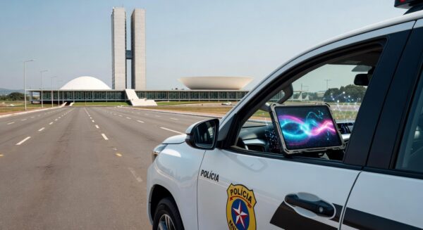 Viatura da PMDF em Brasília com tablet representando app Nexus para automação de relatórios policiais.