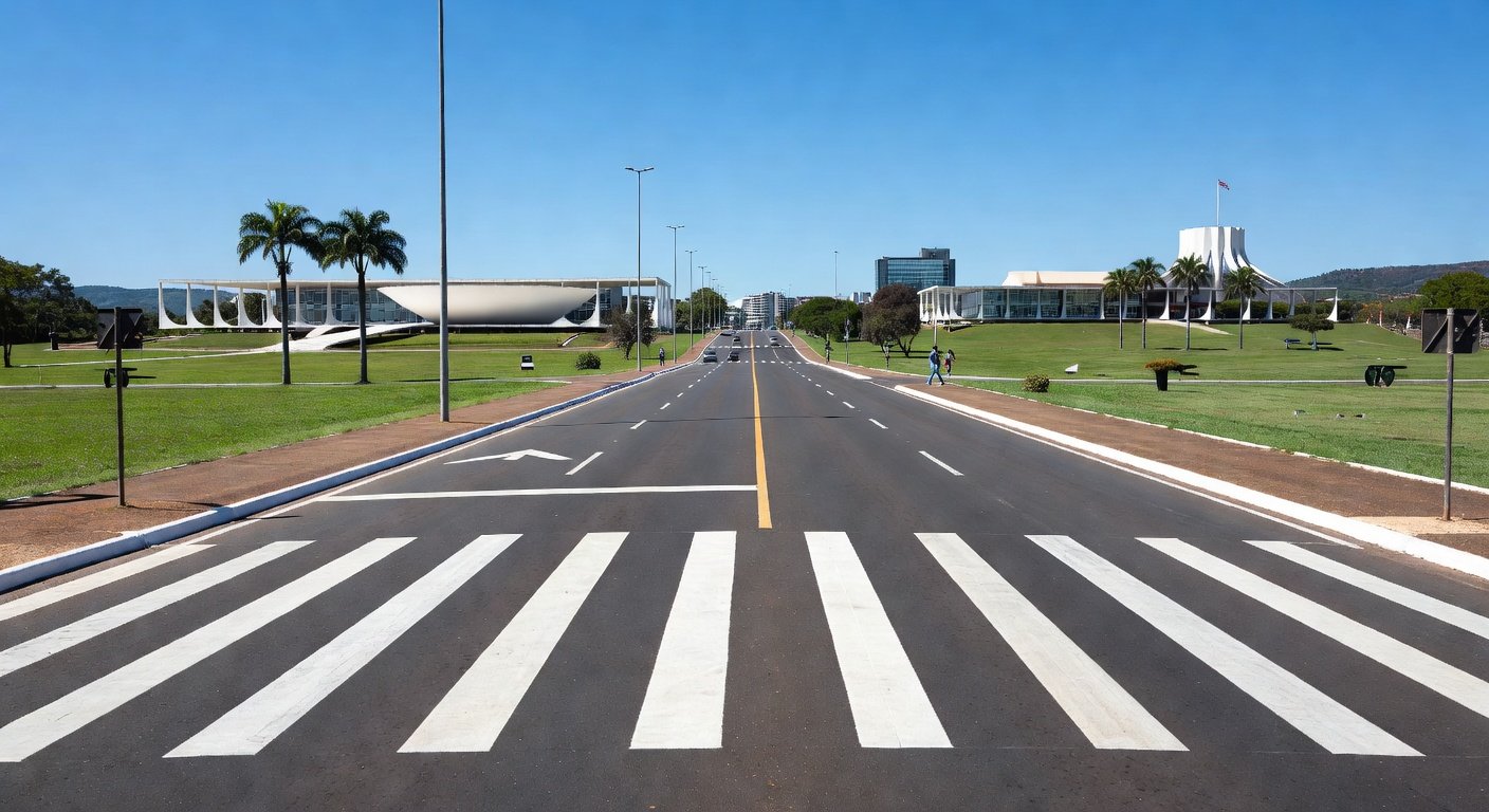 Faixa de pedestre em avenida de Brasília, celebrando redução de atropelamentos no DF.