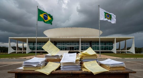 Edifício da CLDF em Brasília com nuvens escuras, representando aprovação de PL que ameaça equilíbrio fiscal.