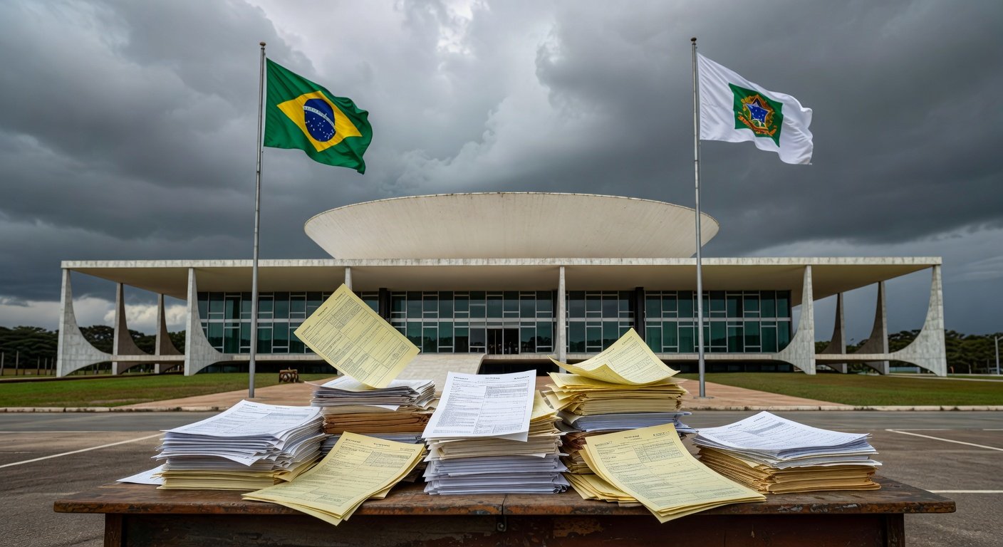 Edifício da CLDF em Brasília com nuvens escuras, representando aprovação de PL que ameaça equilíbrio fiscal.