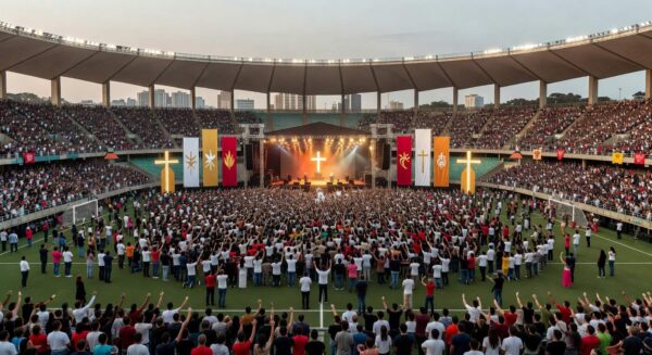 Multidão em evento evangélico na Esplanada dos Ministérios, Brasília, com Congresso Nacional ao fundo.