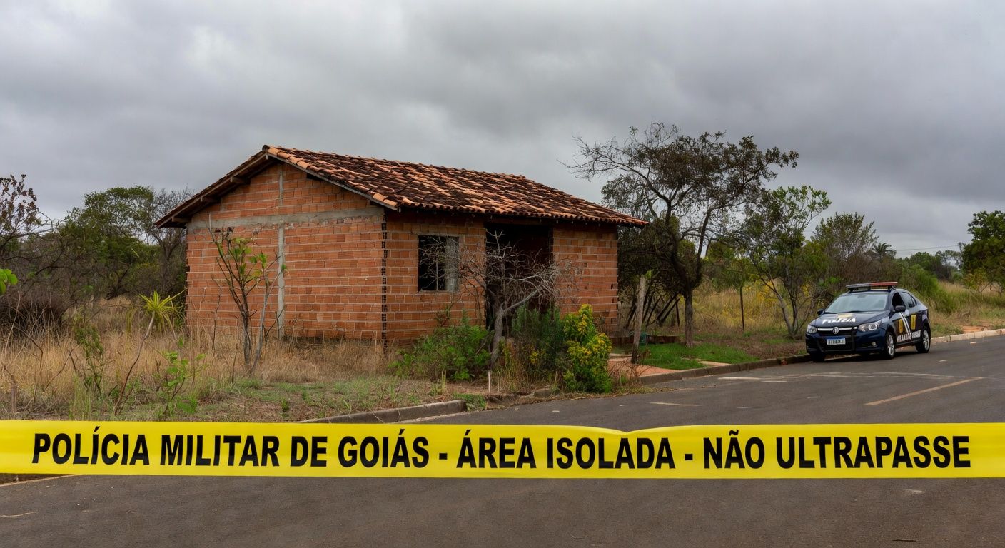 Casa em Águas Lindas de Goiás isolada por fita policial, viatura da PM ao lado, representando cena de tragédia familiar.
