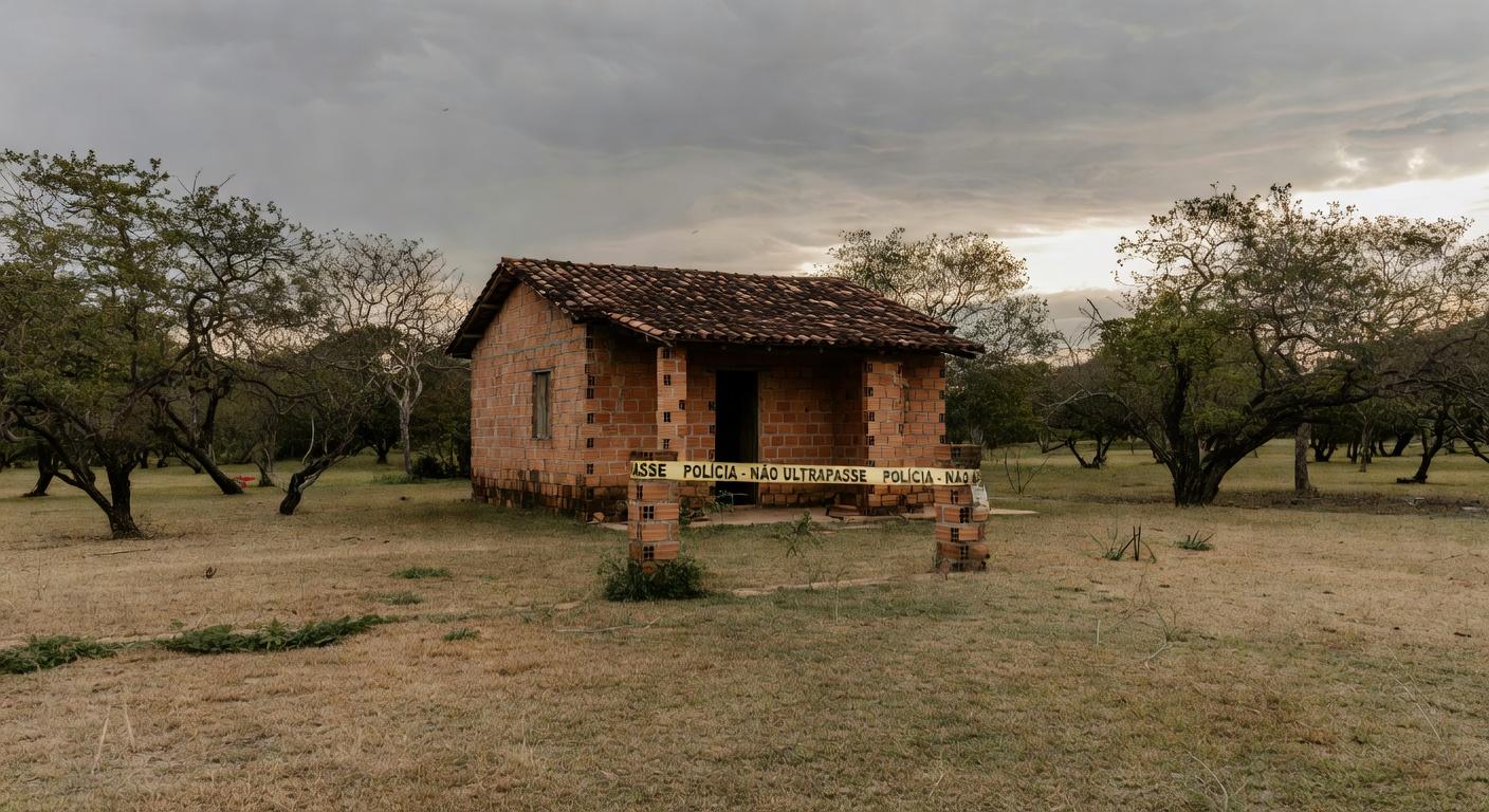 Cena de crime em residência de Águas Lindas de Goiás, com fita de isolamento policial, representando tragédia familiar.