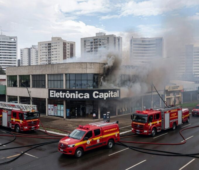 Incêndio controlado em loja de eletrônicos na W3 Norte, Brasília, com viaturas de bombeiros no local.