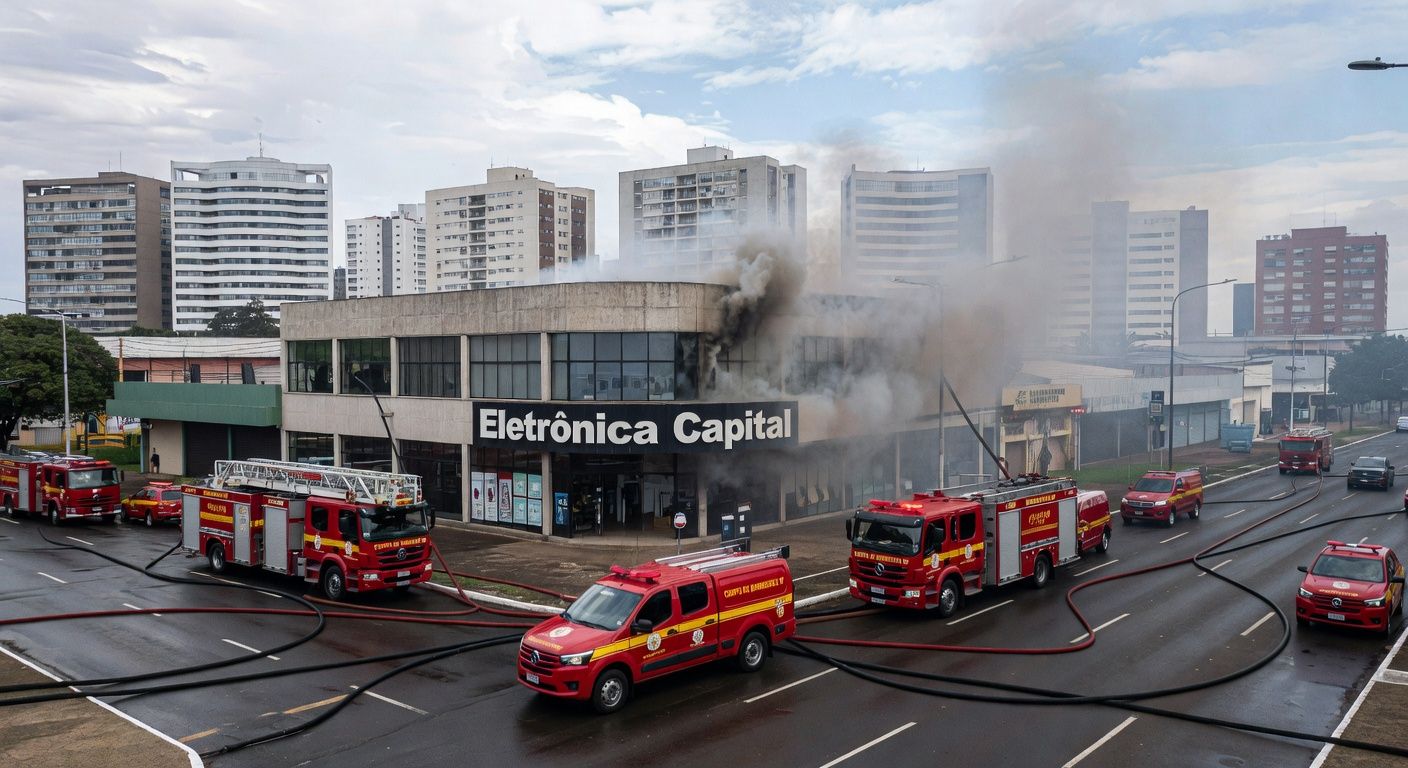 Incêndio controlado em loja de eletrônicos na W3 Norte, Brasília, com viaturas de bombeiros no local.