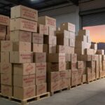 Pilhas de mercadorias irregulares apreendidas pela Seec-DF na Operação Páscoa em armazém no Distrito Federal.