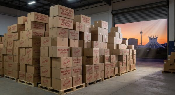 Pilhas de mercadorias irregulares apreendidas pela Seec-DF na Operação Páscoa em armazém no Distrito Federal.