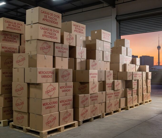 Pilhas de mercadorias irregulares apreendidas pela Seec-DF na Operação Páscoa em armazém no Distrito Federal.