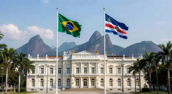Palácio Guanabara no Rio de Janeiro com bandeiras tremulando, representando eleições diretas para governo estadual.