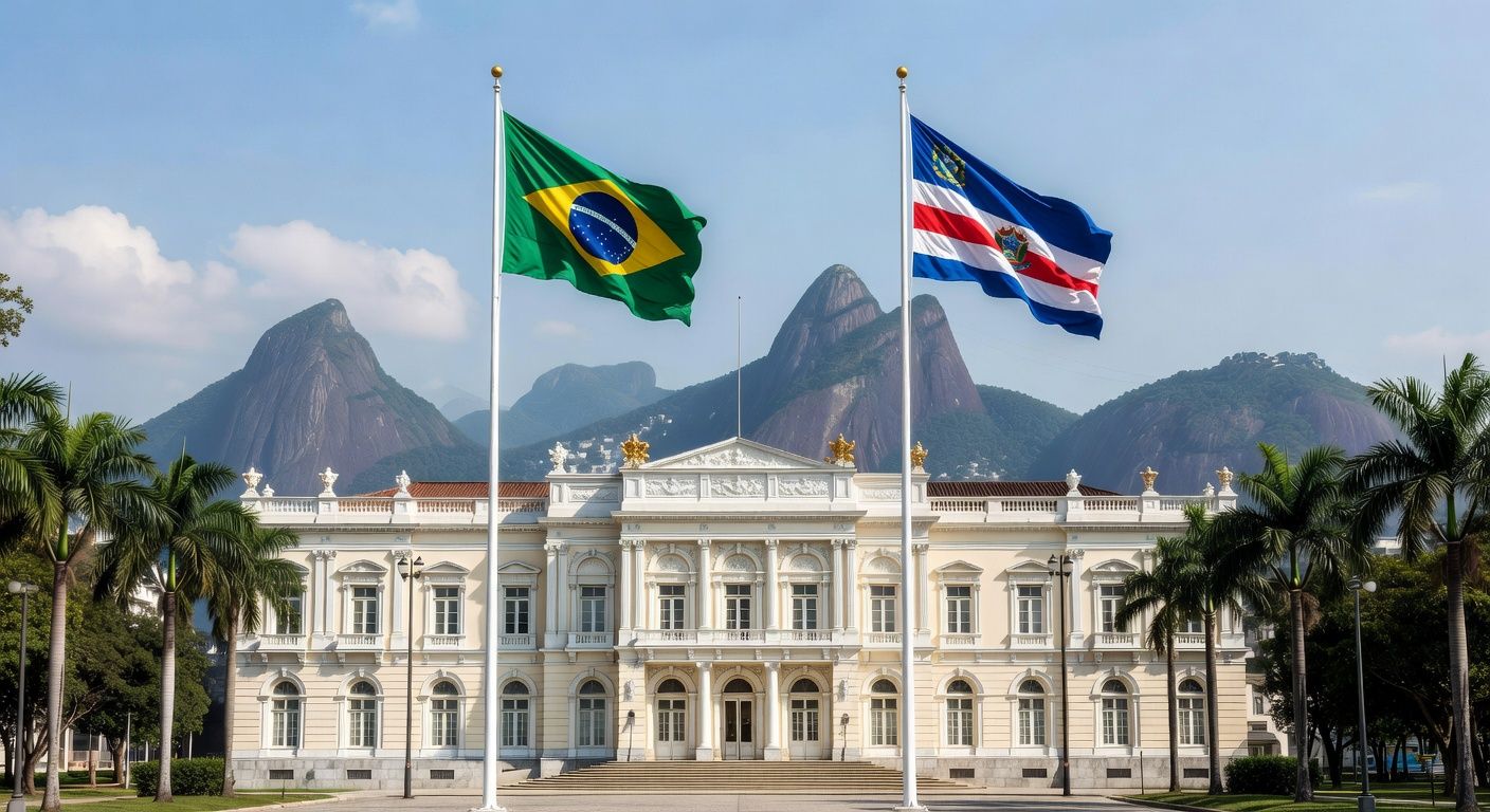 Palácio Guanabara no Rio de Janeiro com bandeiras tremulando, representando eleições diretas para governo estadual.