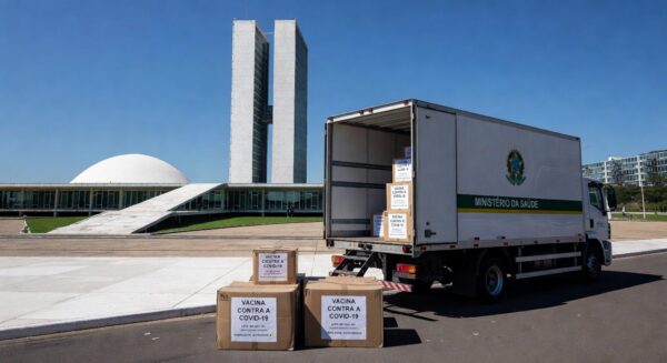 Caixas de vacinas contra Covid-19 em centro de distribuição em Brasília, representando nova remessa do Ministério da Saúde.