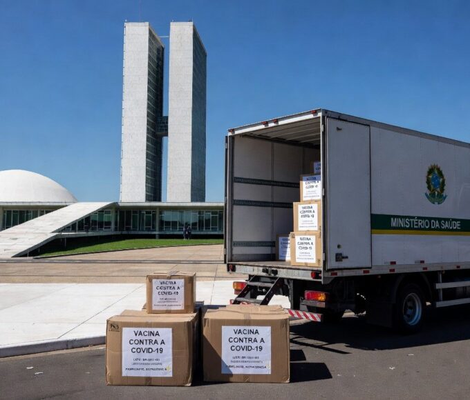 Caixas de vacinas contra Covid-19 em centro de distribuição em Brasília, representando nova remessa do Ministério da Saúde.