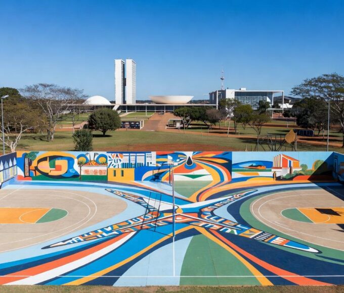 Quadras esportivas com pinturas artísticas em homenagem a JK no Parque da Cidade, Brasília.
