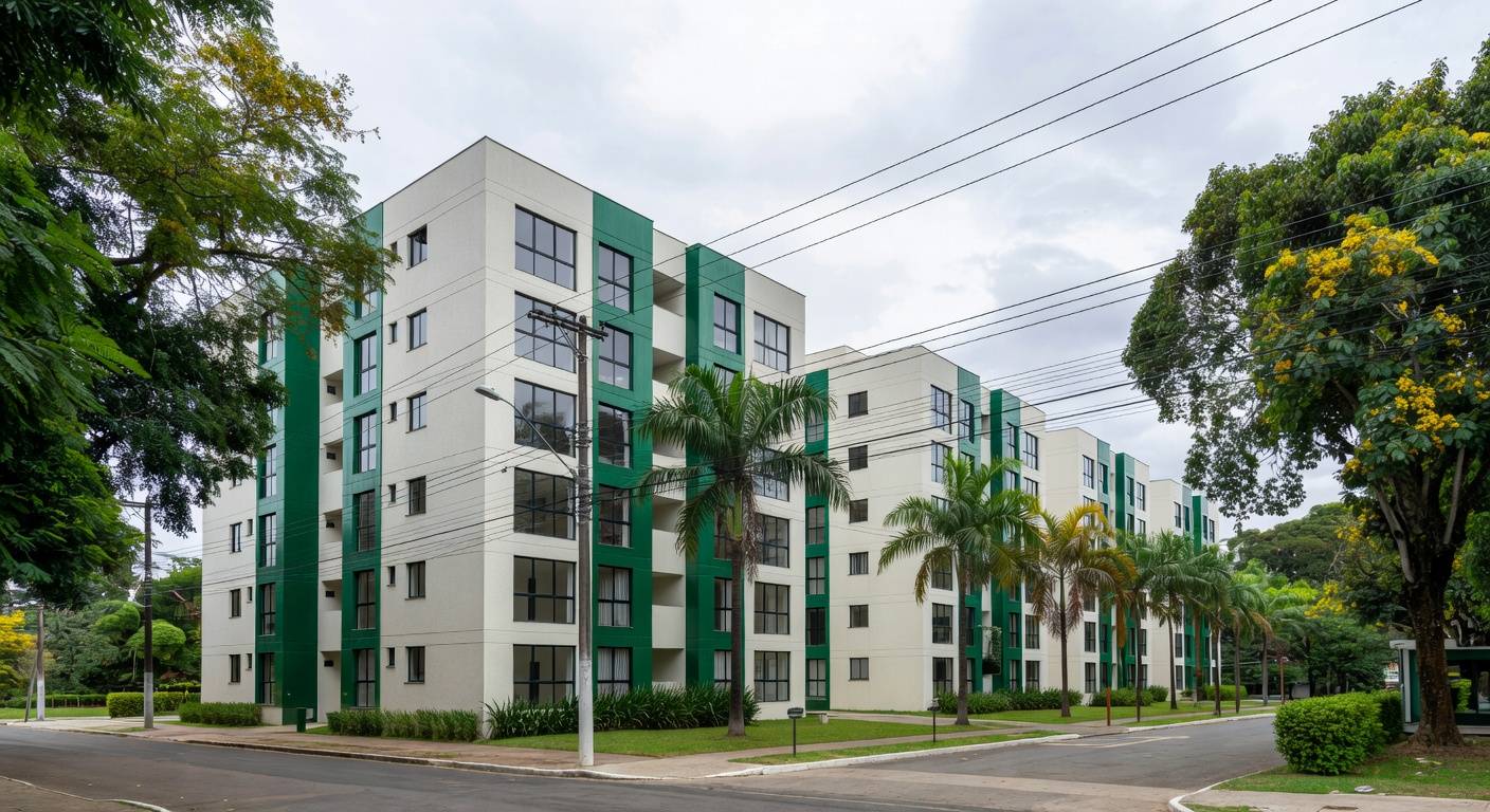 Vista de condomínio residencial no Jardim Botânico, Brasília, com postes de energia indicando interrupção programada.