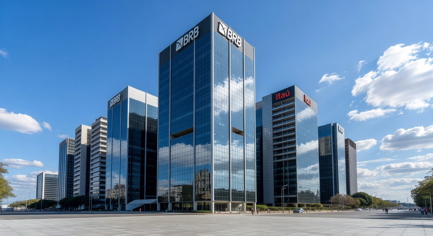 Edifícios corporativos em área financeira de Brasília, simbolizando aquisição de ativos entre bancos como Itaú e BRB em resposta à CVM.