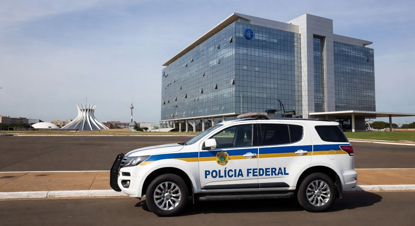 Viatura da Polícia Federal em frente ao prédio do BRB em Brasília, representando operação de prisão.