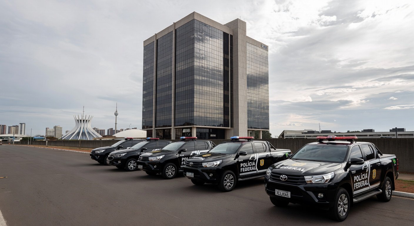 Fachada da Penitenciária da Papuda com viaturas da Polícia Federal, representando Operação Compliance Zero e ex-presidente do BRB.