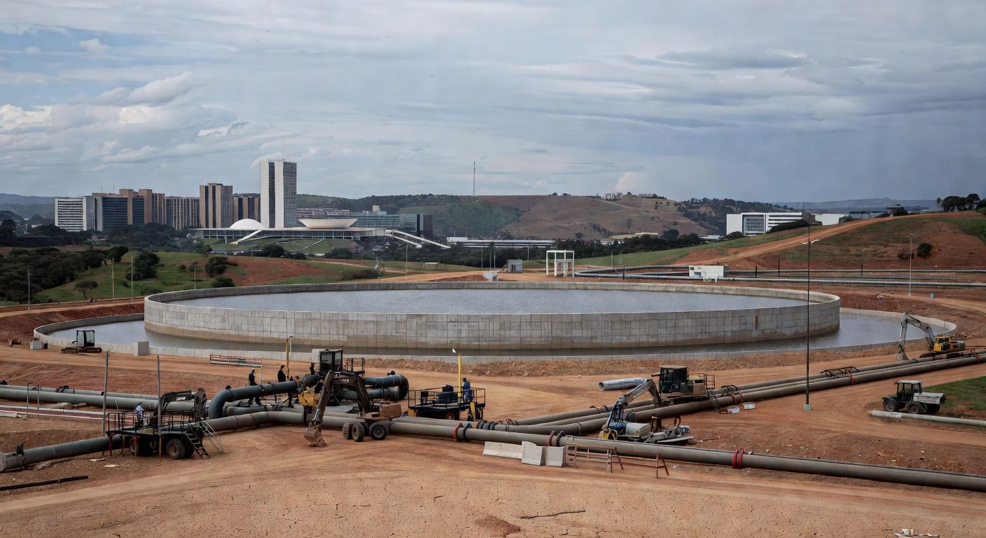 Obras de água no DF com reservatório em risco de escassez, destacando problema hídrico para 1 milhão de pessoas.
