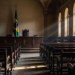 Imagem de tribunal brasileiro vazio representando depoimento em caso de chacina familiar.