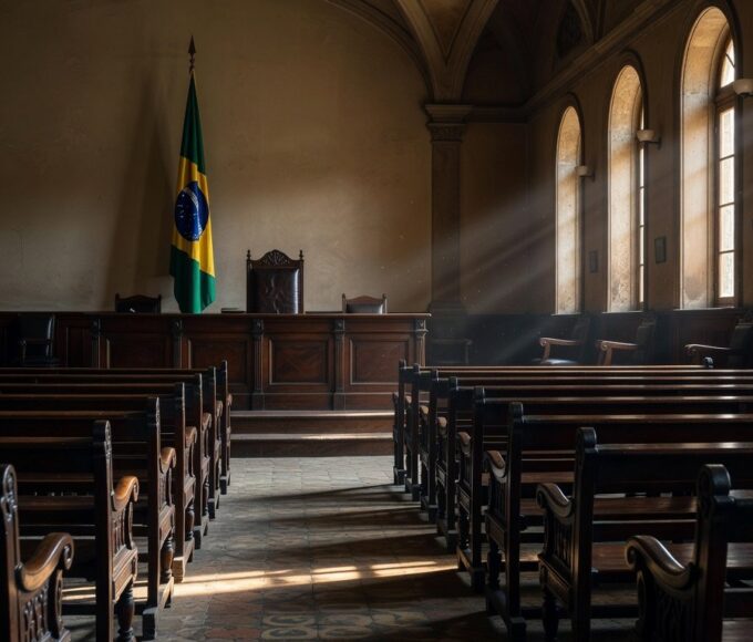 Imagem de tribunal brasileiro vazio representando depoimento em caso de chacina familiar.