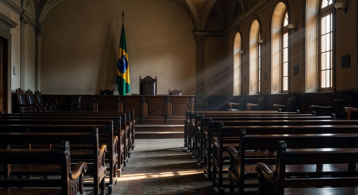 Imagem de tribunal brasileiro vazio representando depoimento em caso de chacina familiar.