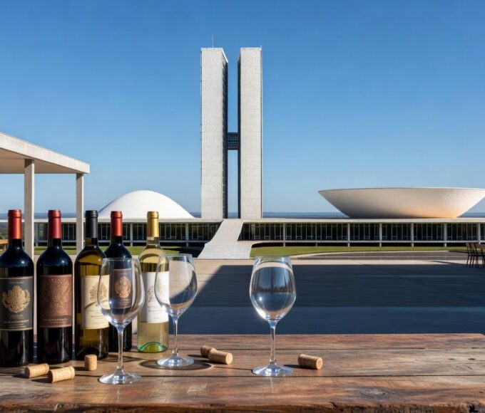 Garrafas de vinhos exclusivos da Vinícola Brasília com arquitetura da capital ao fundo, celebrando 2 anos e 66 anos de Brasília.